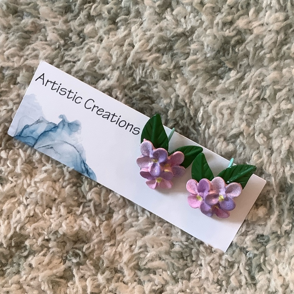 Handmade Pink Flower Pressure Clip On Earrings with Green Leaves NWT .75”